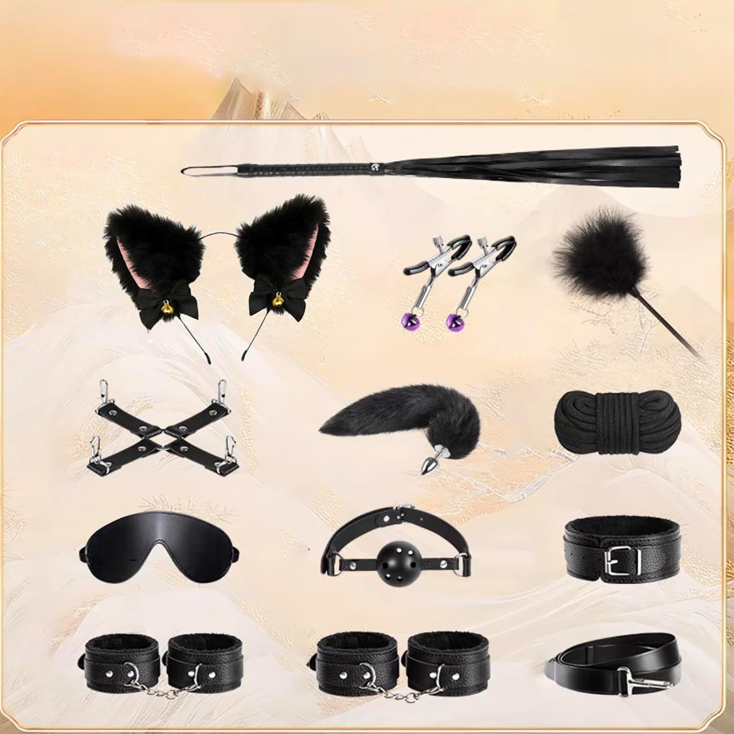 MidnightKink 12PC BDSM Kit Tail Anal Plug Restraints Set - SinfulX - 