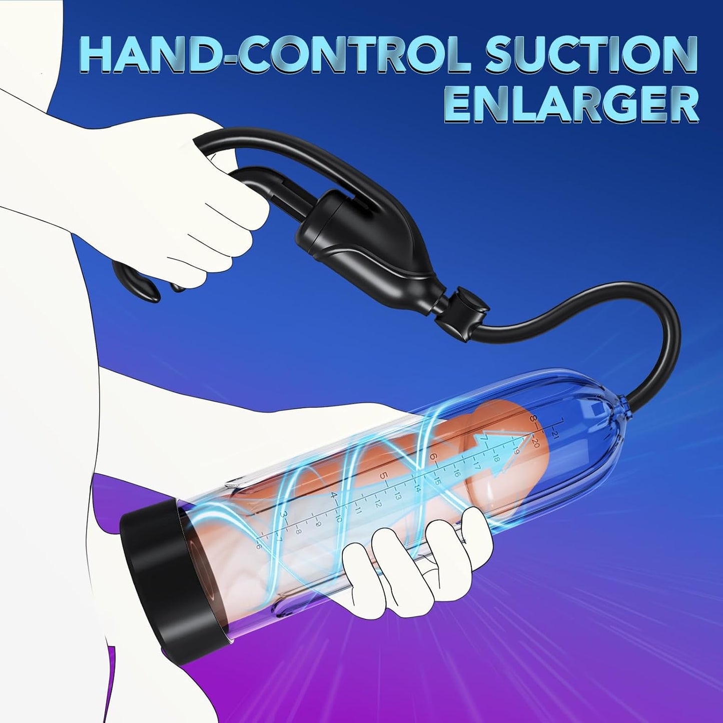 Penis Enlarge Vacuum Pump, Manual Pennis Extender Enlarger Enlargement Pump Air Pressure Device, Adult Male Sex Toys for Men Stronger Bigger Erections with 2 Suction Sleeve & 6 Penis Rings and Lube - SinfulX - 