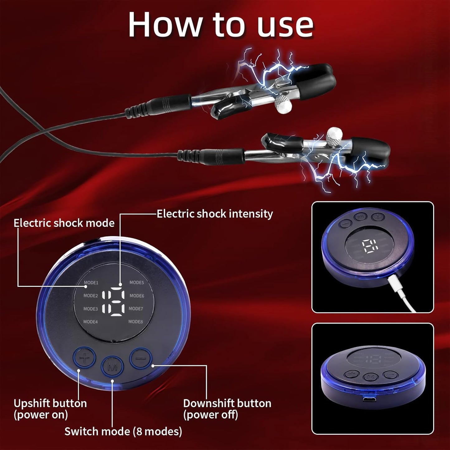 Electric Shock Nipple Clip Chain, BDSM Nipple Clamps,Nipple Clitoral Clamps Stimulator Adjustable Adult Sex Toy