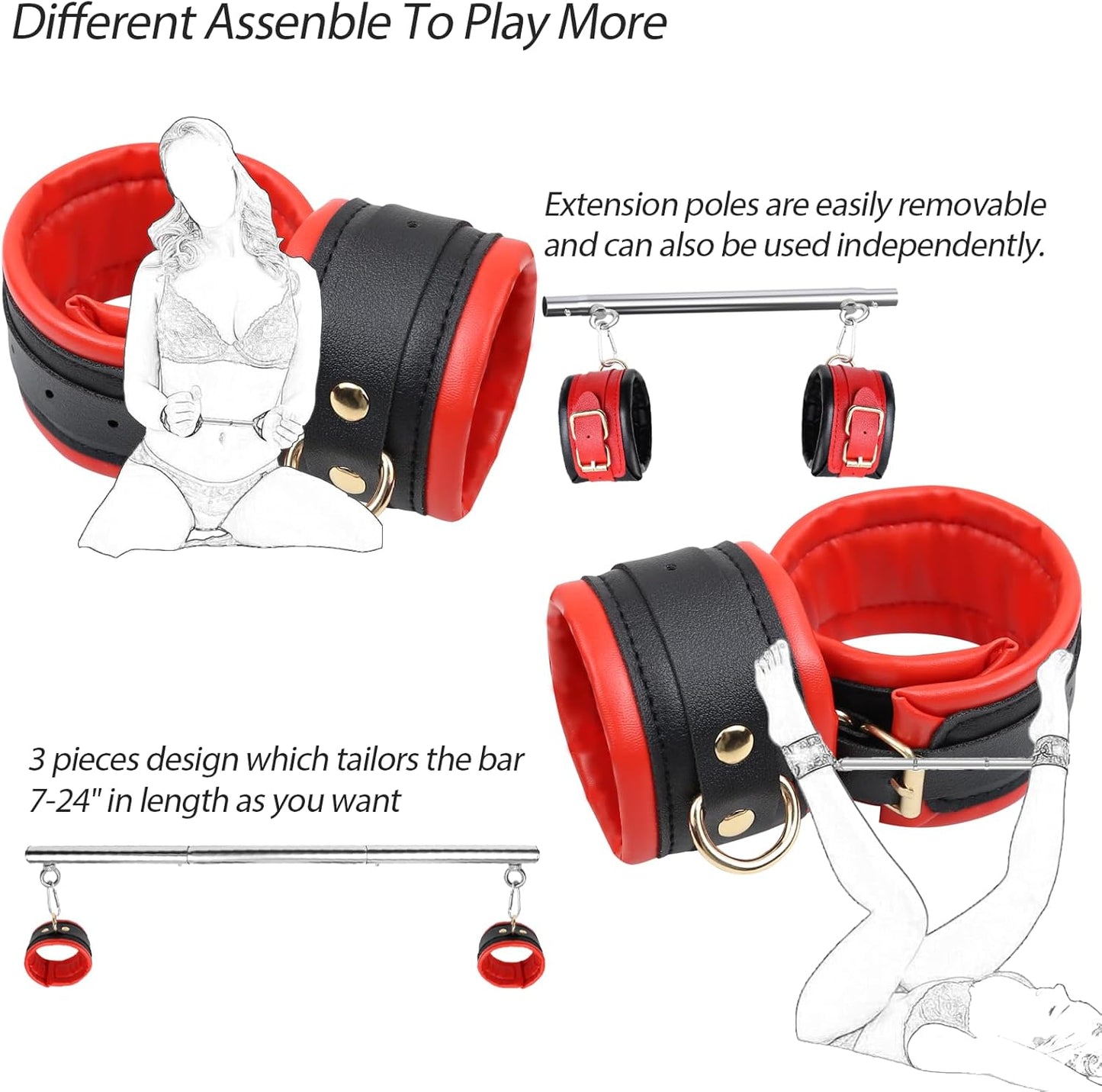 BDSM Bondage Restraints with Handcuffs Ankle Cuffs for Couples Spreader Bar Sex Toys Bondage Gear & Accessories Adjustable Bondage Kit Adult Sex Toys & Games (Red) - SinfulX - 