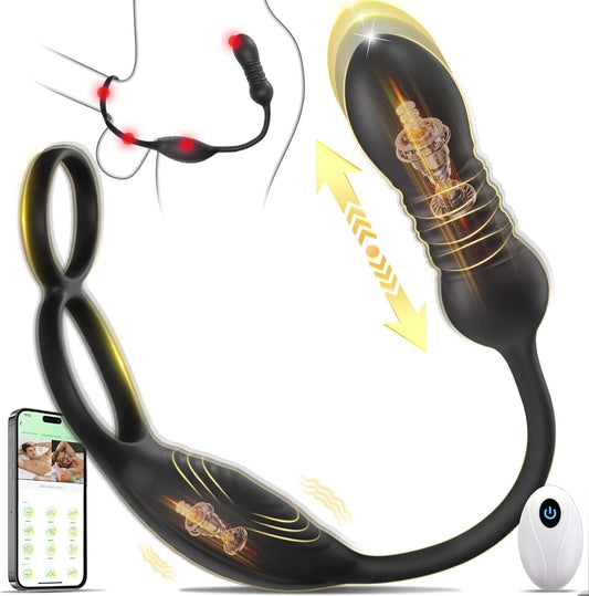 Thrusting Prostate Massager Anal Sex Toy with Vibrating Cock Ring Taint Testicle Stimulator, Remote Control APP Anal Butt Plug Dildo, Penis Ring Vibrator for Men,  Couples Male Adult Sex Toys