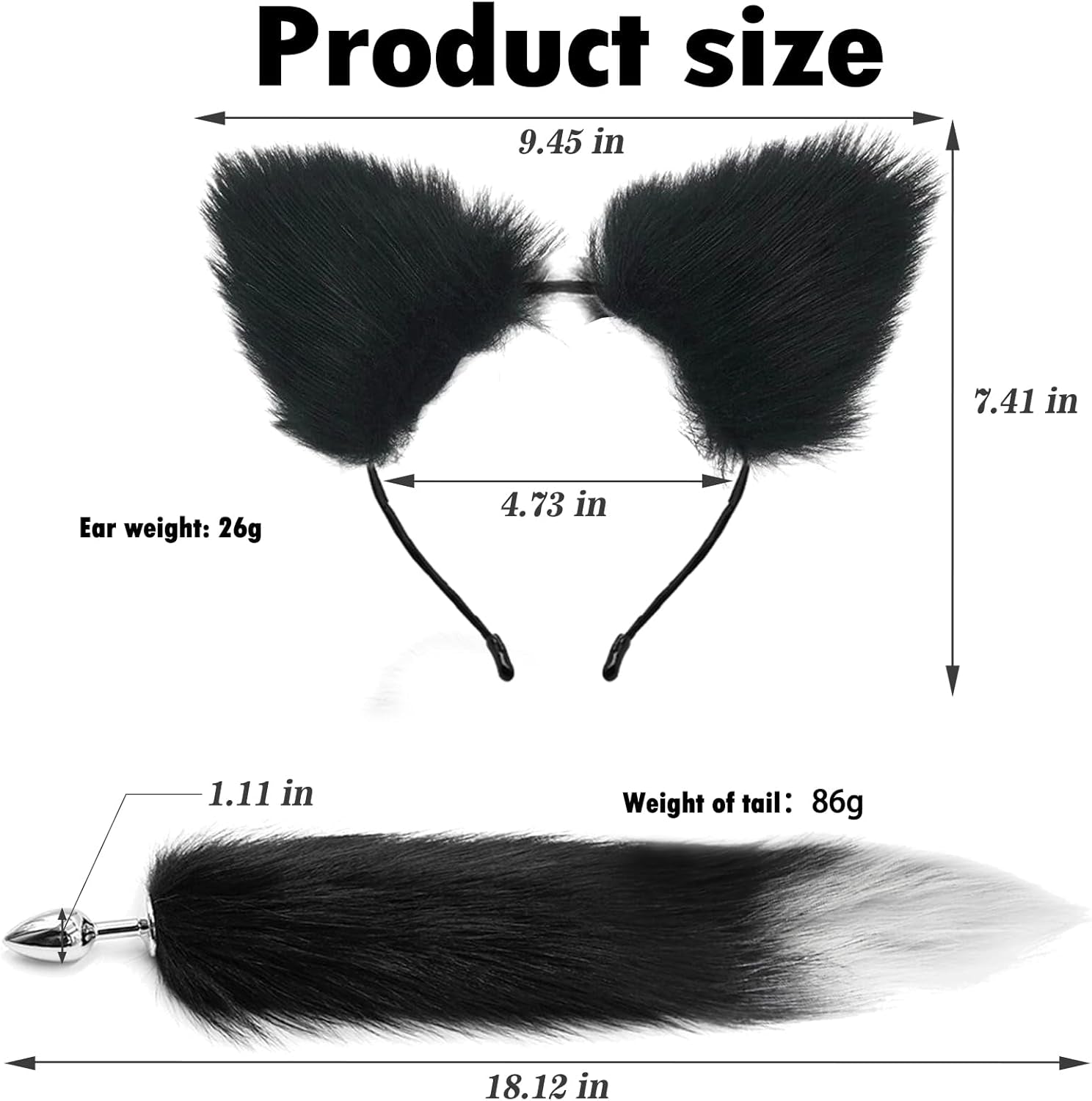 FrostTip Black White Fox Tail Steel Butt Plug 13" - SinfulX - 
