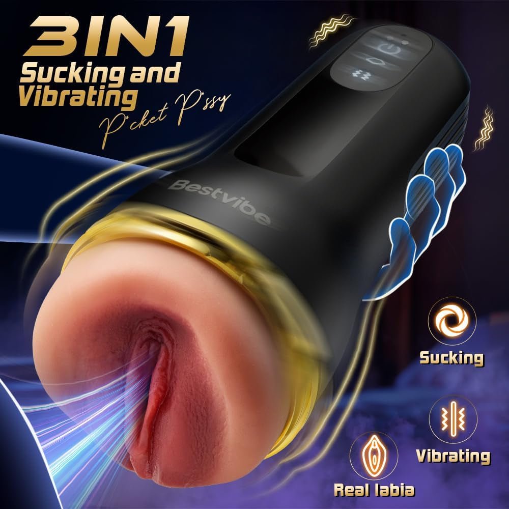Automatic Male Masturbator Sex Toys for Men Masturbation - Realistic Pocket Pussy with 5 Suction&10 Vibration,Vibrating Male Masturbator Cup Male Sex Toys Sex Machine with Textured Channels - SinfulX - 