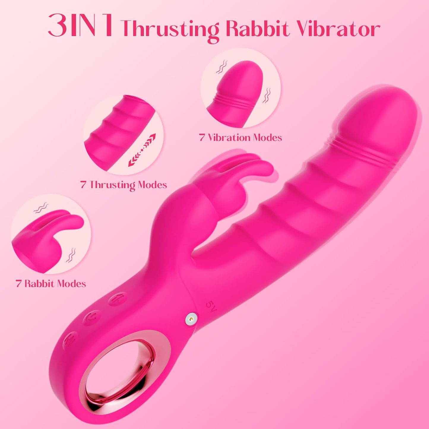 Thrusting Dildo Vibrator Sex Toys - 3 in 1 Female Sex Toys with 7 Thrusting & Rabbit & Vibration Modes - Independent Control Adult Toys with Multiple Stimulation, Rabbit Vibrators for Women (Rose) - SinfulX - 