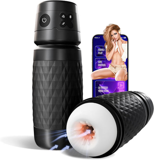 AI Powerd Video Sync Male Masturbator, Pocket Pussy Sex Toy for Men with 3 Suction & 4 Vibration Modes, Hands - Free Rechargeable Bluetooth Male Stroker Sex Machine, Realistic 3D Soft TPE Sleeve - SinfulX - 