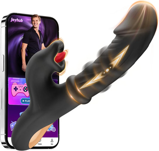 Black Sex Toy for Women Vibrators,  Adult Toys Rabbit Vibrator G Spot Dildos with Sliding Ring 7 Thrusting Realistic Dildo & 10 Tongue Licking Vibrating Modes, AI Sync for Womens Couples Games