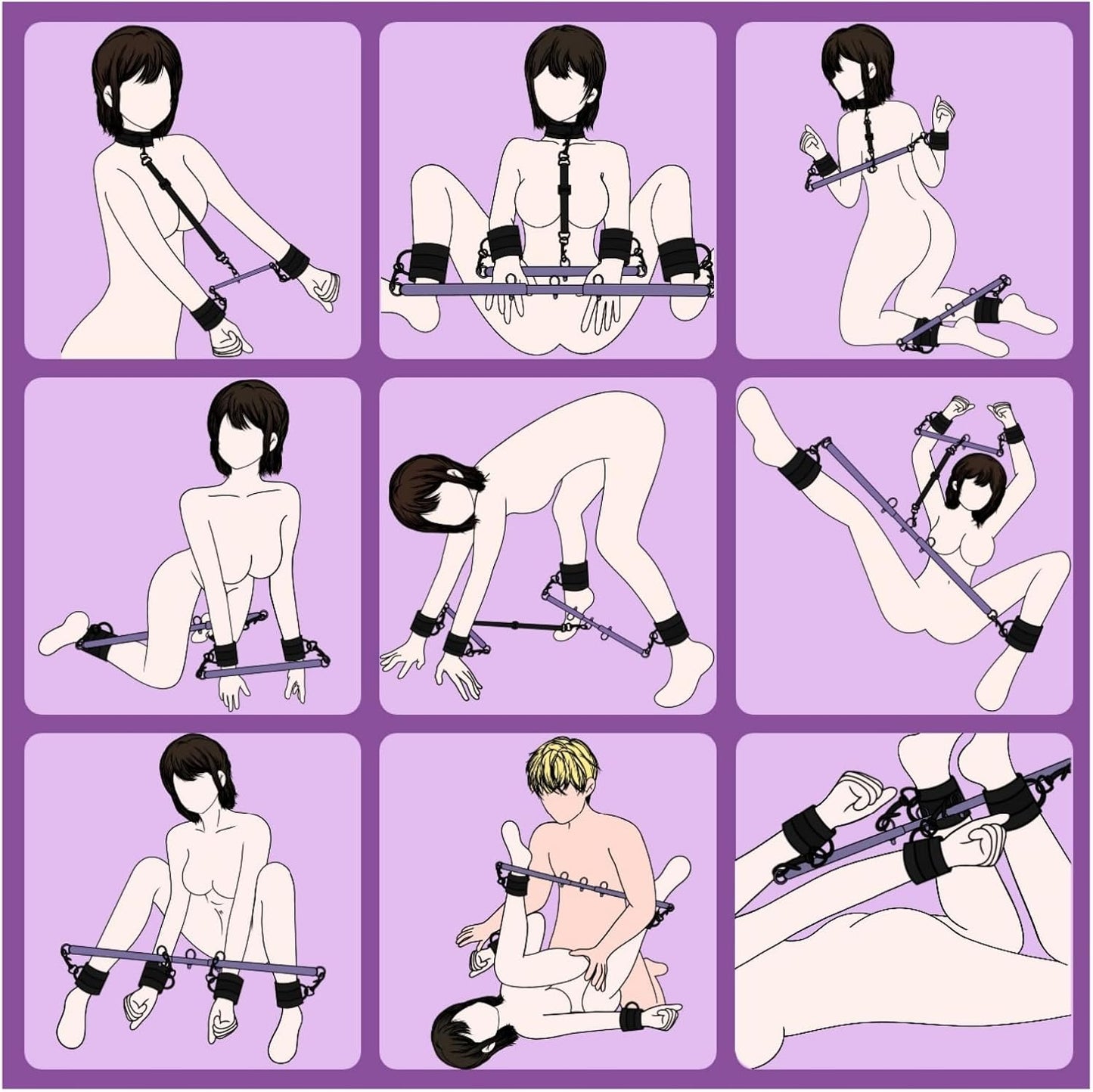 Spreader Bar BDSM Bondage Restraints Kits with Wrist Ankle Neck Collar Adjustable Handcuffs Sex Toys SM Games for Men Women and Couples (Purple) - SinfulX - 