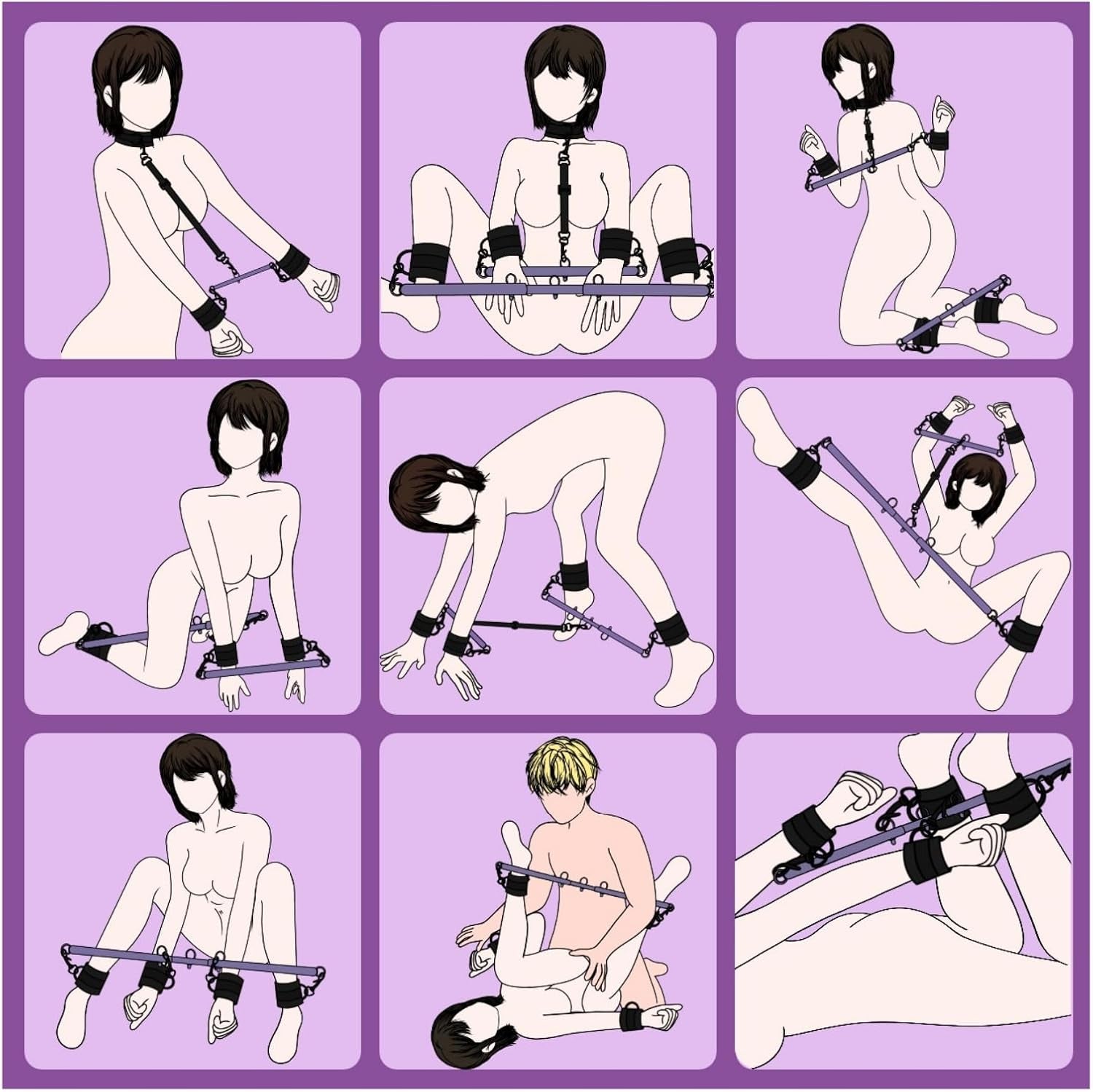 Spreader Bar BDSM Bondage Restraints Kits with Wrist Ankle Neck Collar Adjustable Handcuffs Sex Toys SM Games for Men Women and Couples (Purple) - SinfulX - 
