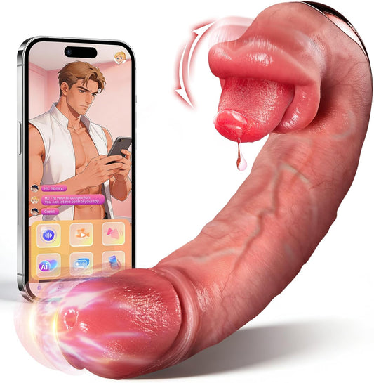 Thrusting Dildo G Spot Dildo Vibrator - 4IN1 AI Sync Realistic Sex Toy with 10 Tongue Licking & 10 Thrusting Vibrating Mode for Clit Anal, APP Remote Control Soft Penis Adult Toys for Women Couple - SinfulX - 