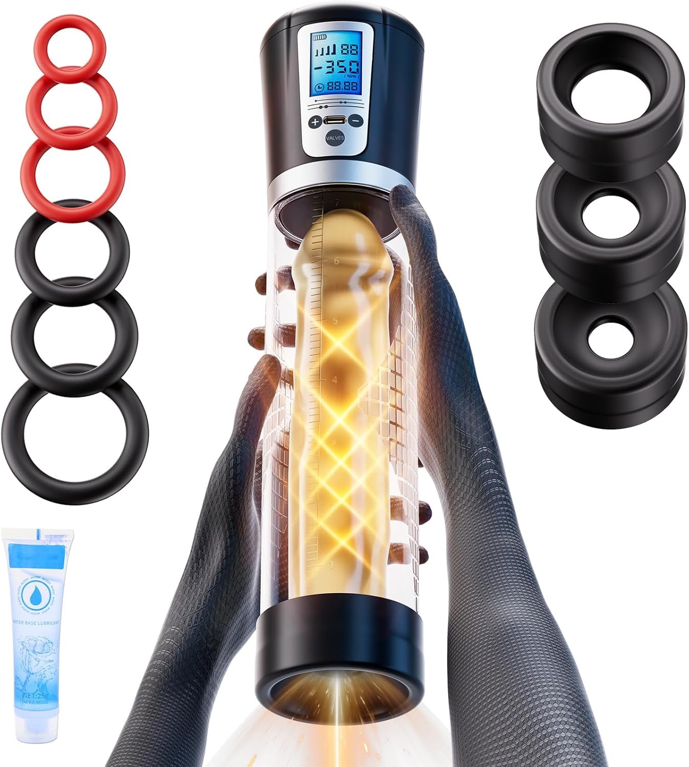 Male Penis Pump Sex Toys, Automatic Enlargers & Extend Pump for Men with LED Display, Adult Toys for Men Electric Penis Entender Erection Pumps, Sex Toys - Pumps & Enlargers (6 Cock Rings) - SinfulX - 