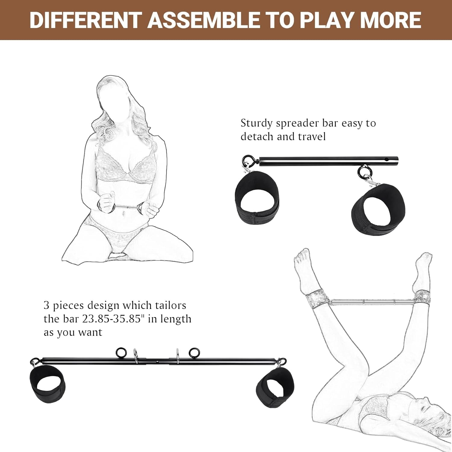 BDSM Spreader Bar Couples Sex Toys, Bondage Restraints with Adjustable Handcuffs, Adjustable BDSM Sex Bar Toys Detachable, Bondage Set Adult Sex Toy for Couple - SinfulX - 
