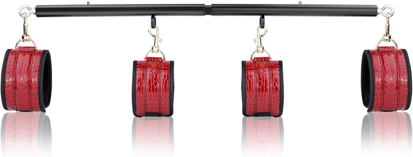 Spreader Bar Heavy Duty Stainless Steel Expandable Bar Home Gym with 4Pcs Furry Crocodile Red Adjustable Strap,Sports Aid Training Pilates Aid Kit,Indoor Yoga Set - SinfulX - 