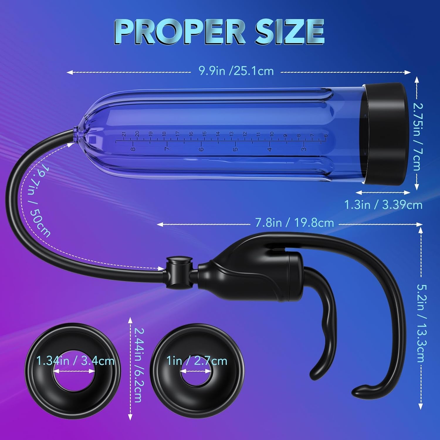 Penis Enlarge Vacuum Pump, Manual Pennis Extender Enlarger Enlargement Pump Air Pressure Device, Adult Male Sex Toys for Men Stronger Bigger Erections with 2 Suction Sleeve & 6 Penis Rings and Lube - SinfulX - 