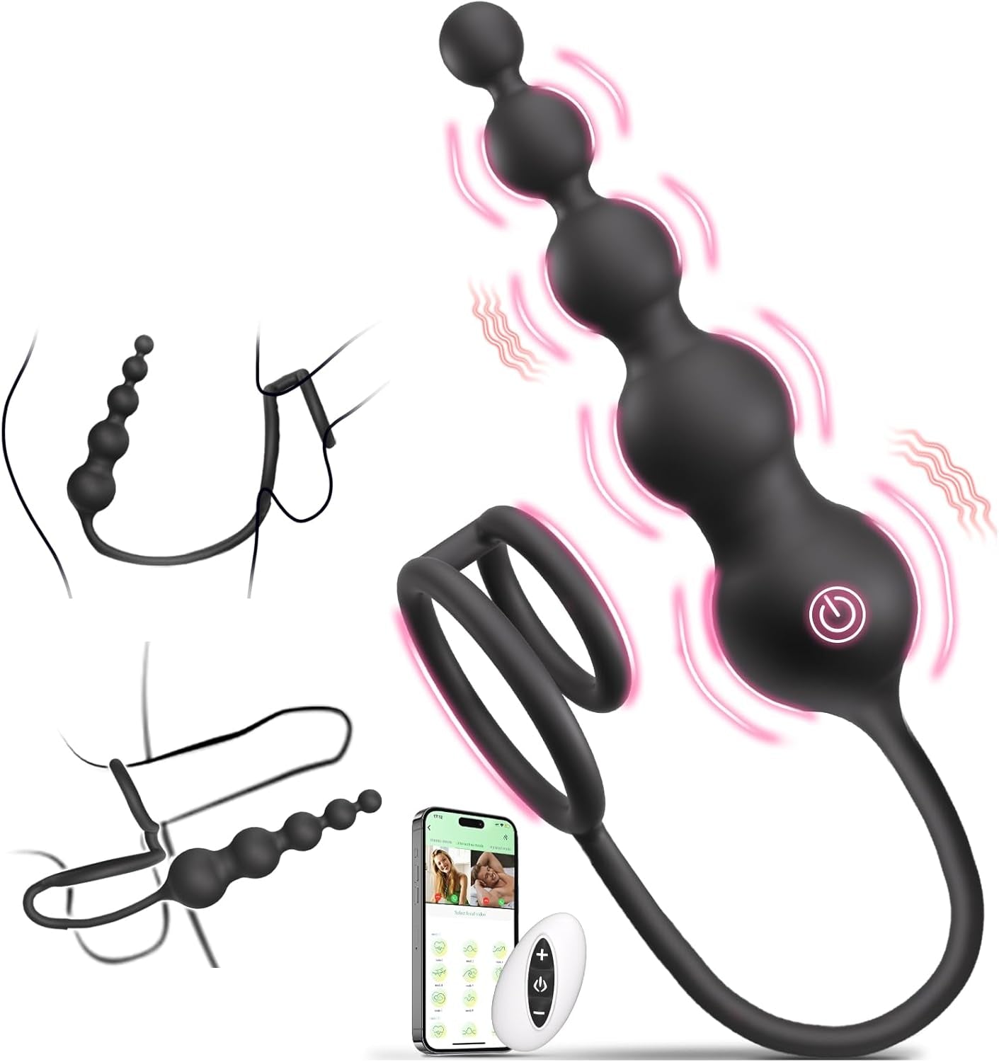 Anal Beads Couples Male Adult Sex Toys - Vibrating Anal Butt Plug with Cock Ring, Strap on Anal Dildo, Remote Control APP Prostate Massager Penis Ring Vibrator with 9 Vibrations,  Sex Toy for Men