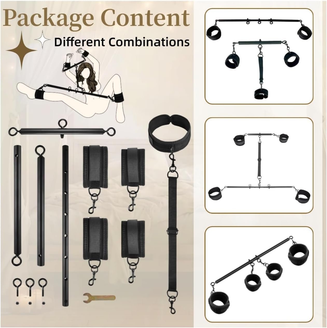 Spreader Bar Sex 2 Pieces Toys Restraints with Wrist Ankle Neck Collar for Women Bondage BDSM Set for Couples Adjustable Handcuffs Collar SM Games Sex Play 22 - 36Inch (Black) - SinfulX - 