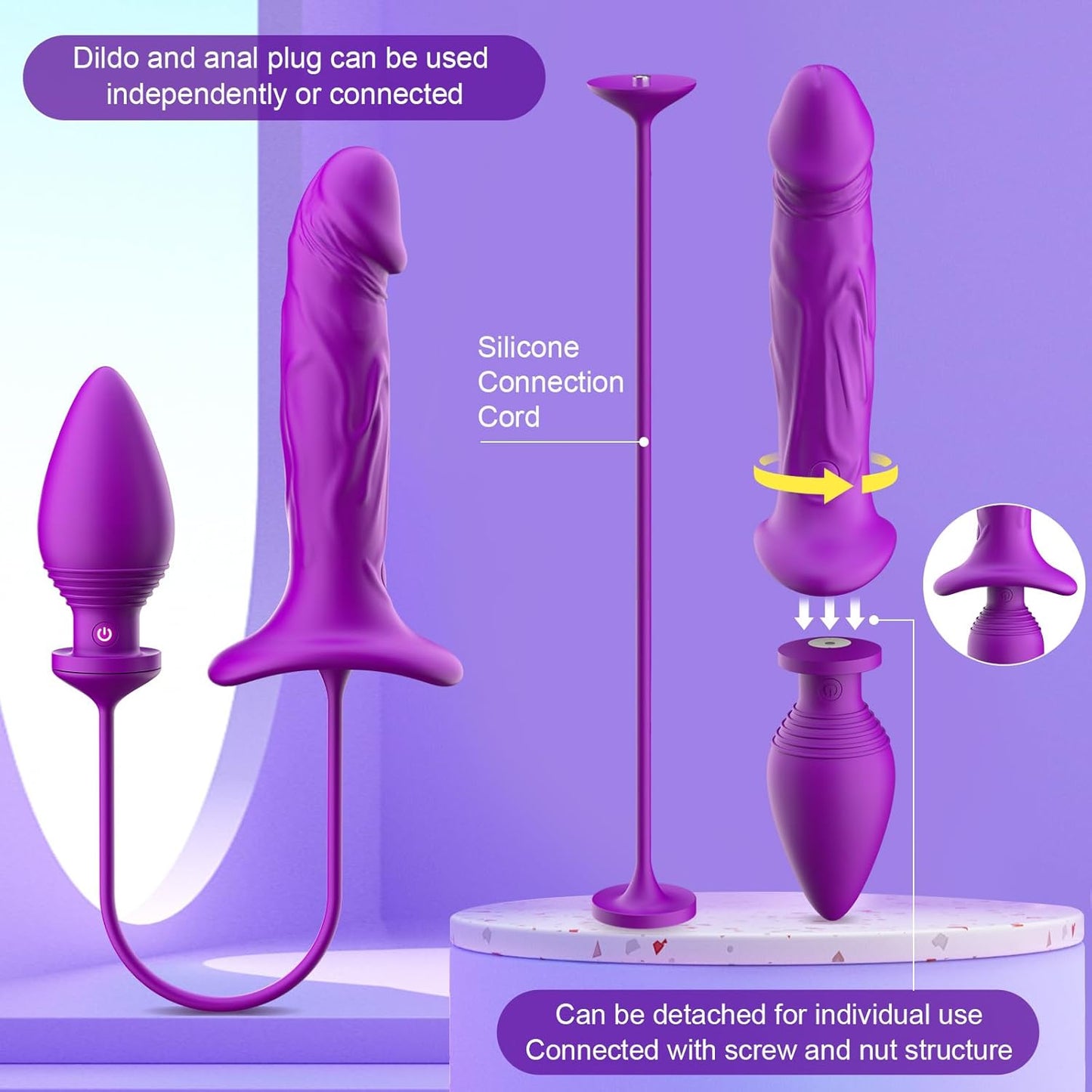 Couples Sex Toys Vibrating Dildo Anal Plug Set, G Spot Detachable Double - Ended Dildos Vibrator Butt Plug for Clitoral Prostate Stimulation, 3 in 1 Adult Toys for Women Men Sex Games - SinfulX - 