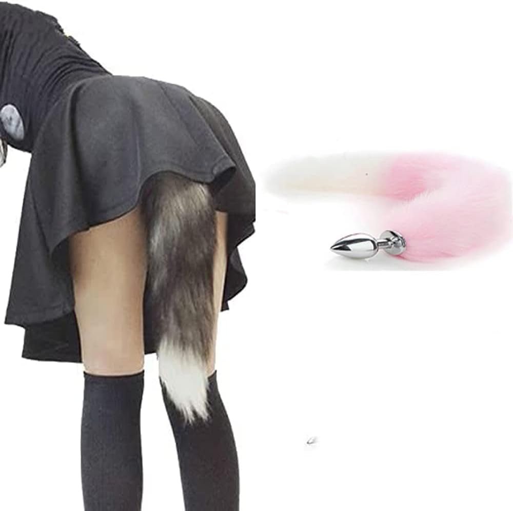 BlushFur Pink White Fox Tail Steel Butt Plug 18" - SinfulX - 