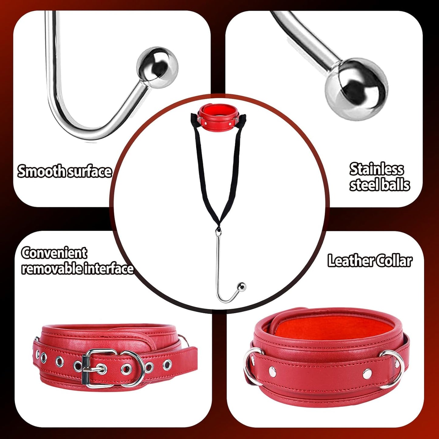 BDSM Anal Hook Sex Bondage Restraint Set with Leather Chain Leash Collar, Stainless Steel Anal Trainer Adult Sex Toys for Men, Adjustable Harness Restraints Kit for SM Couple Role Play Fetish Toy - SinfulX - 
