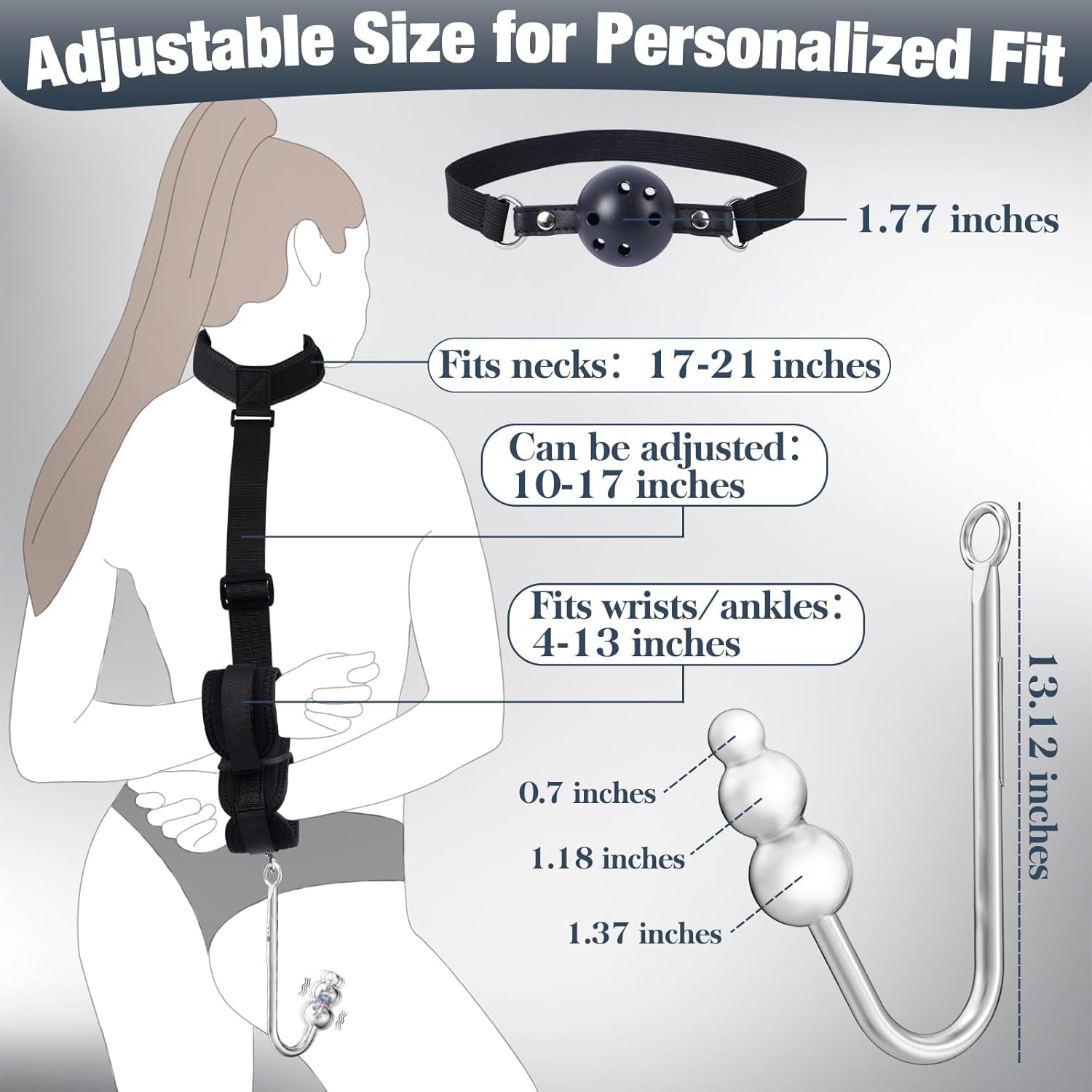 Vibrating Anal Hook BDSM Kit Neck to Wrist Bondage Restraint Set with Ball Gag, Couple Sex Toys Adjustable Collar behind Back Handcuffs Straps Bed SM Game Tool for Couples, Roleplay & Bedroom Fun - SinfulX - 