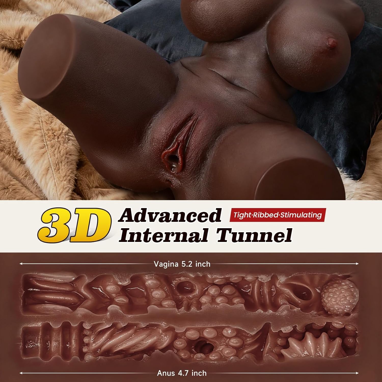 Sex Doll Male Masturbator - Adult Sex Toys for Men with 2:1 Hip - To - Waist Ratio Big Boods & Soft Ass, Black Skin Pocket Pussy Torso Sex Dolls Built - In Flexible Skeleton with Vaginal Anal Tunnel - SinfulX - 