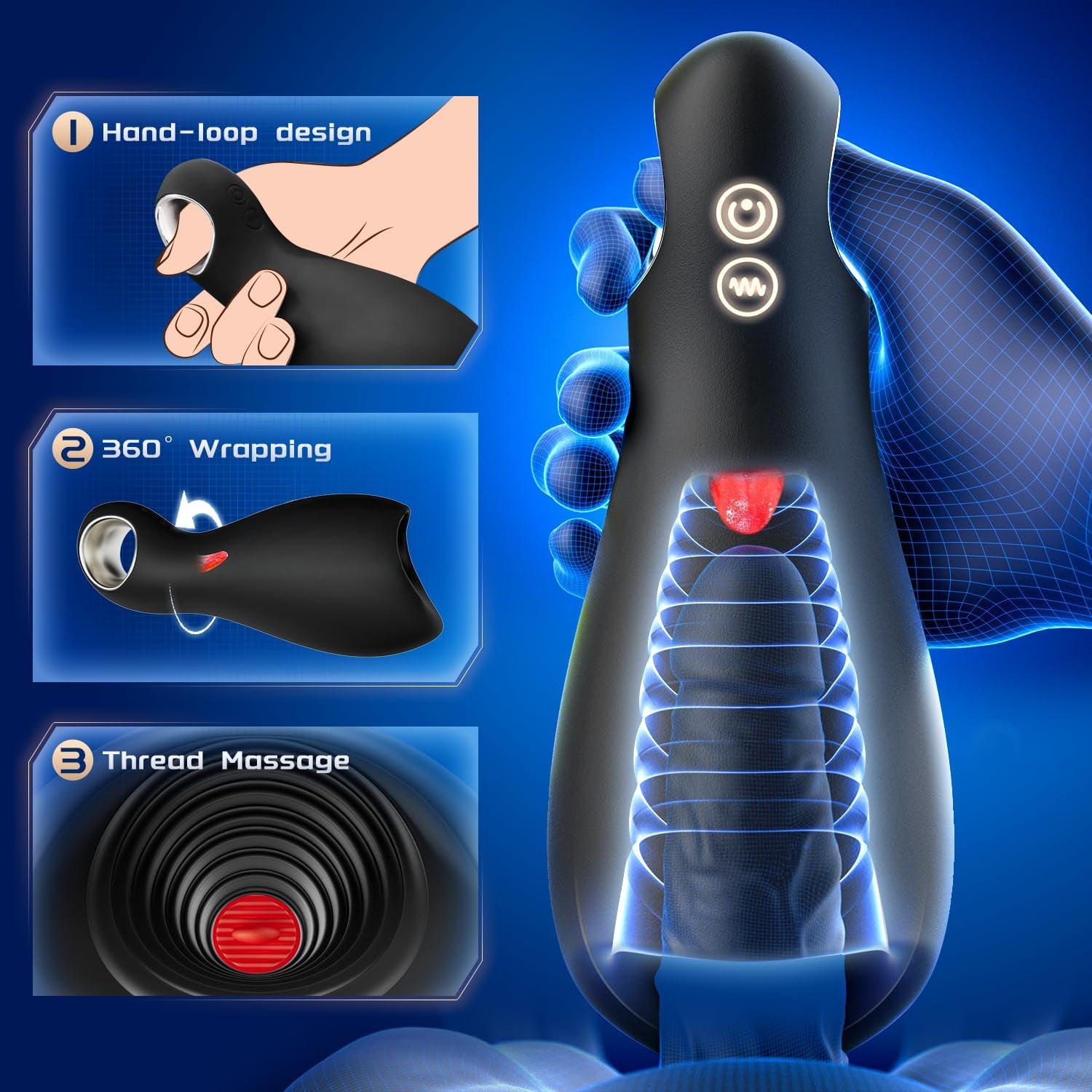 Sex Toys for Men Tongue Vibrator - Male Sex Toy with 10 Vibrating & Licking Modes for Penis Training, Loop - Handle Penis Vibrator Adult Toy for Men Massage Oils - SinfulX - 