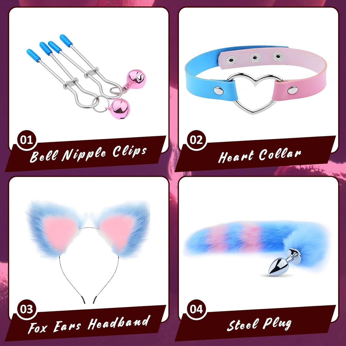 BellFeral Fox Tail Anal Plug Set 4PC Ears Collar Clamps - SinfulX - 