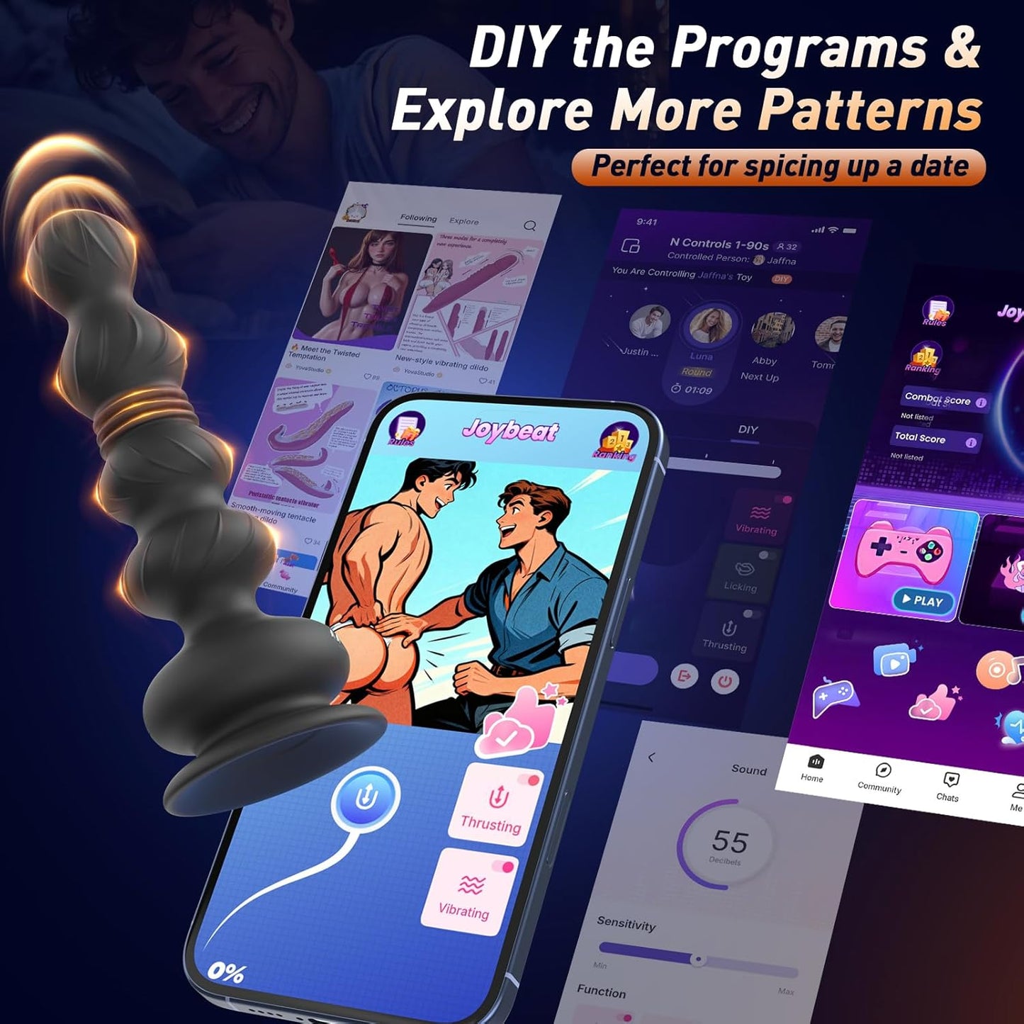 Thrusting Anal Beads Prostate Massager, Anal Vibrator Anal Toys Butt Plug 10 Vibrating Thrusting Anal Plug Male Sex Toys for Men Women Adult Toys Gradual Bead Anal Trainer App (Grey) - SinfulX - 