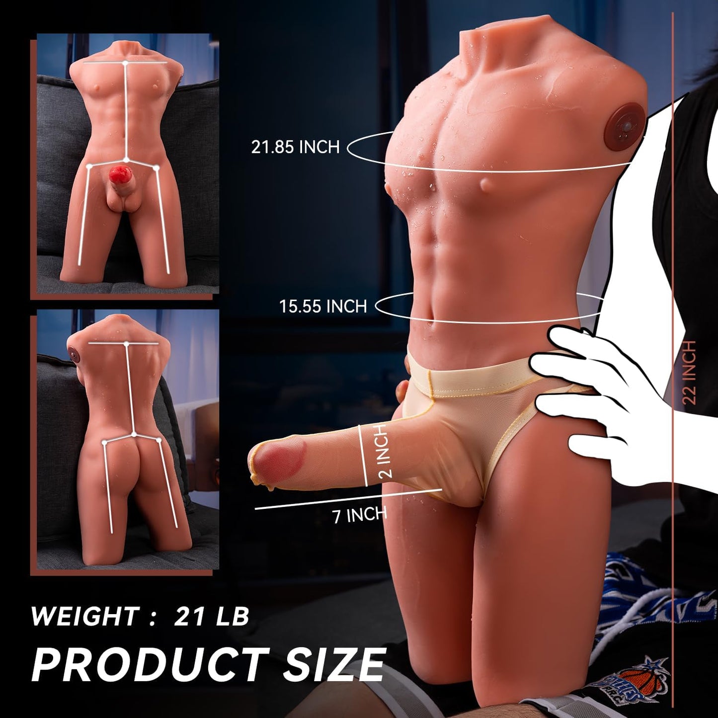 21LB Male Sex Doll with Vibrating Thrusting 2 - In - 1 Dildo, Realistic Muscles & 3D Tight Anal Channel & Flexible Built - In Skeleton Adult Sex Toy for Women & Men Couples Masturbation - SinfulX - 