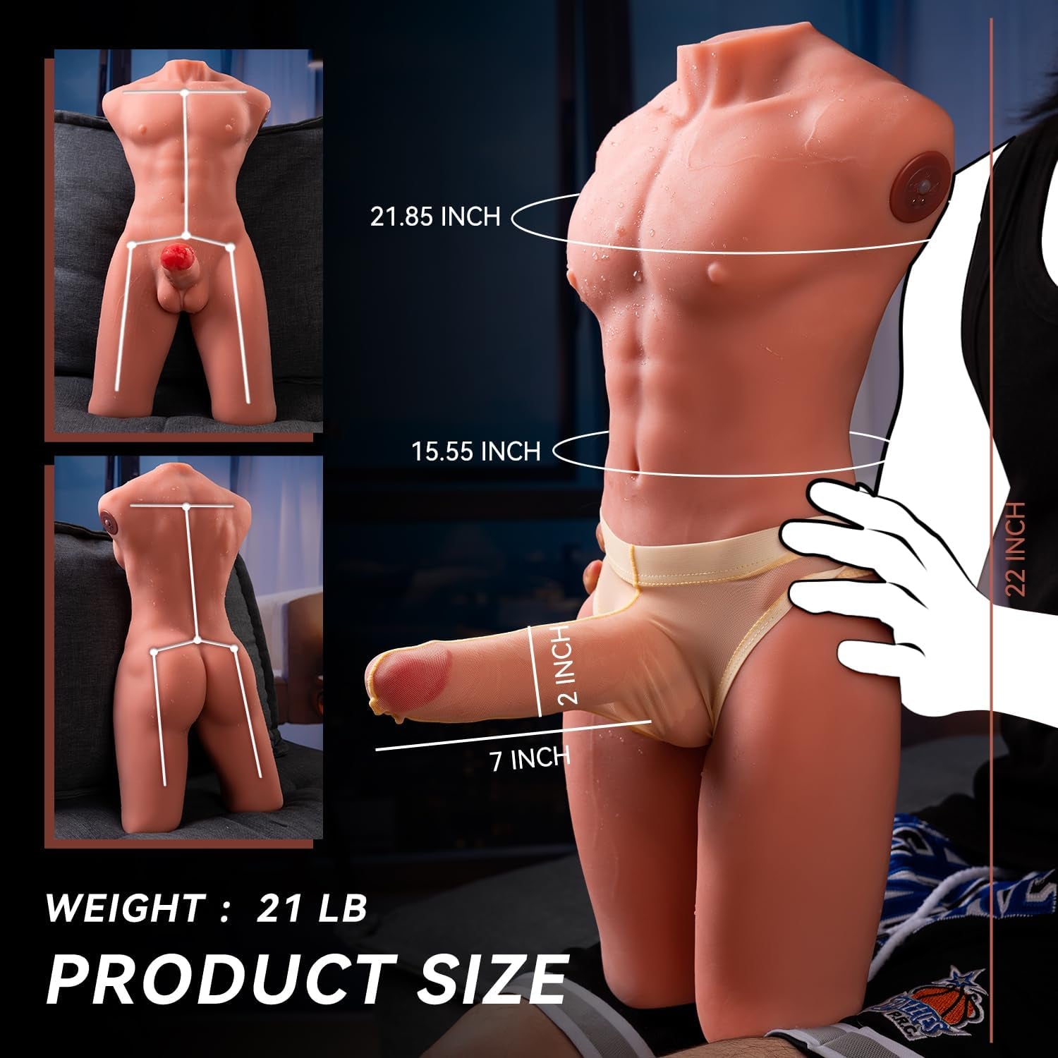 21LB Male Sex Doll with Vibrating Thrusting 2 - In - 1 Dildo, Realistic Muscles & 3D Tight Anal Channel & Flexible Built - In Skeleton Adult Sex Toy for Women & Men Couples Masturbation - SinfulX - 