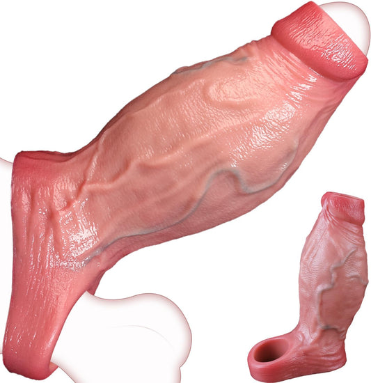 2.5'' Diameter Large Realistic Penis Sleeve, Reusable Cock Enlarger Extender with Thickened Elastic Penis Ring to Prolong Sex/Delay Ejaculation/Enhance Erection,Silicone Sheath Adult Sex Toys - SinfulX - 