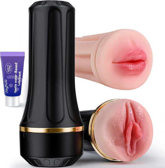 Male Masturbator with Dual Sleeves - 7.5In Pocket Pussy & Mouth Textured Soft Fleshy TPE Channel Sex Toys for Men, Adjustable Suction Male Manual Stroker, Penis Training Adult Toys, Easy-Clean
