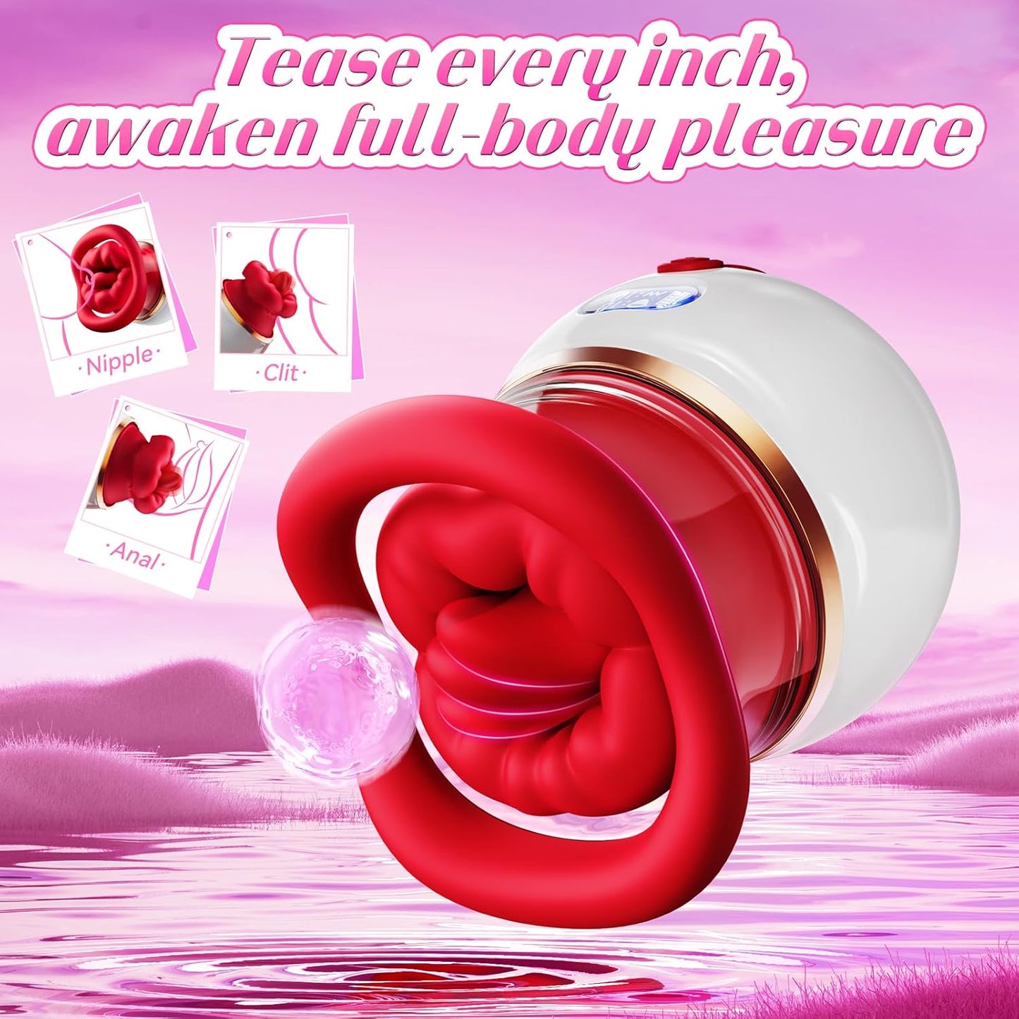Sucking Vibrator Rose Sex Toy - 5 in 1 Kiss Lover Women Sex Toys Mouth Vibrator Tongue Toy with LCD, 10 Sucking & 10 Tongue Licking & 10 Vibrating, Clit Nipple & Anal Toys for Female Couples - SinfulX - 