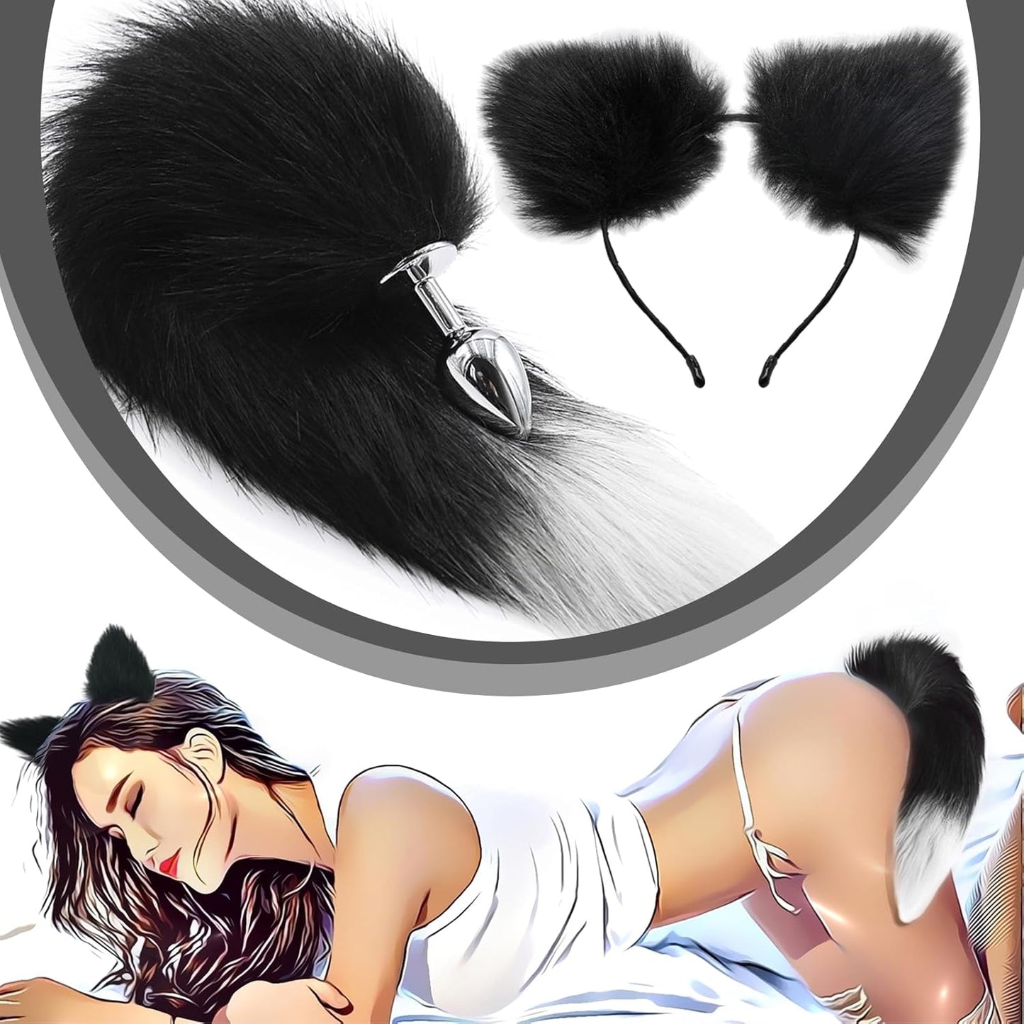FrostTip Black White Fox Tail Steel Butt Plug 13" - SinfulX - 
