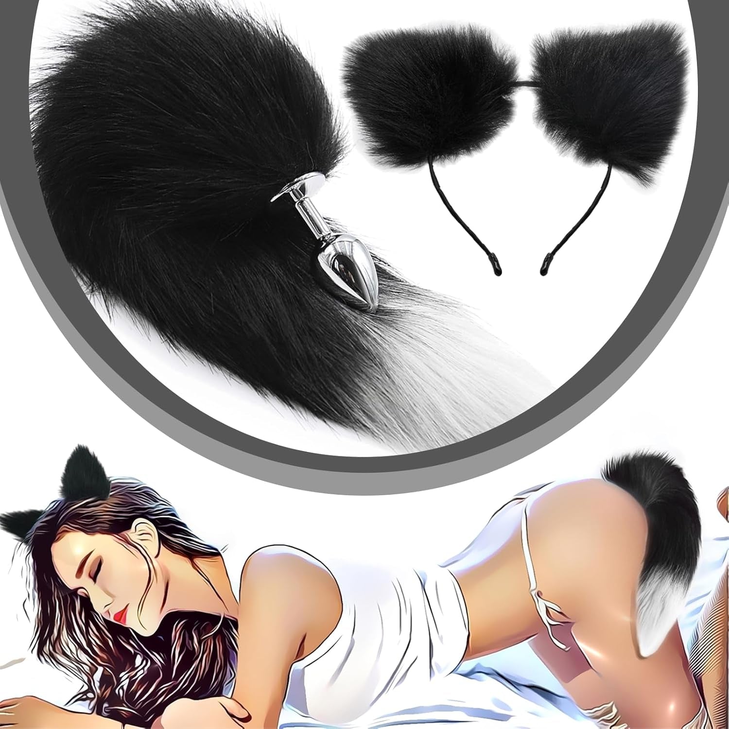 FrostTip Black White Fox Tail Steel Butt Plug 13" - SinfulX - 