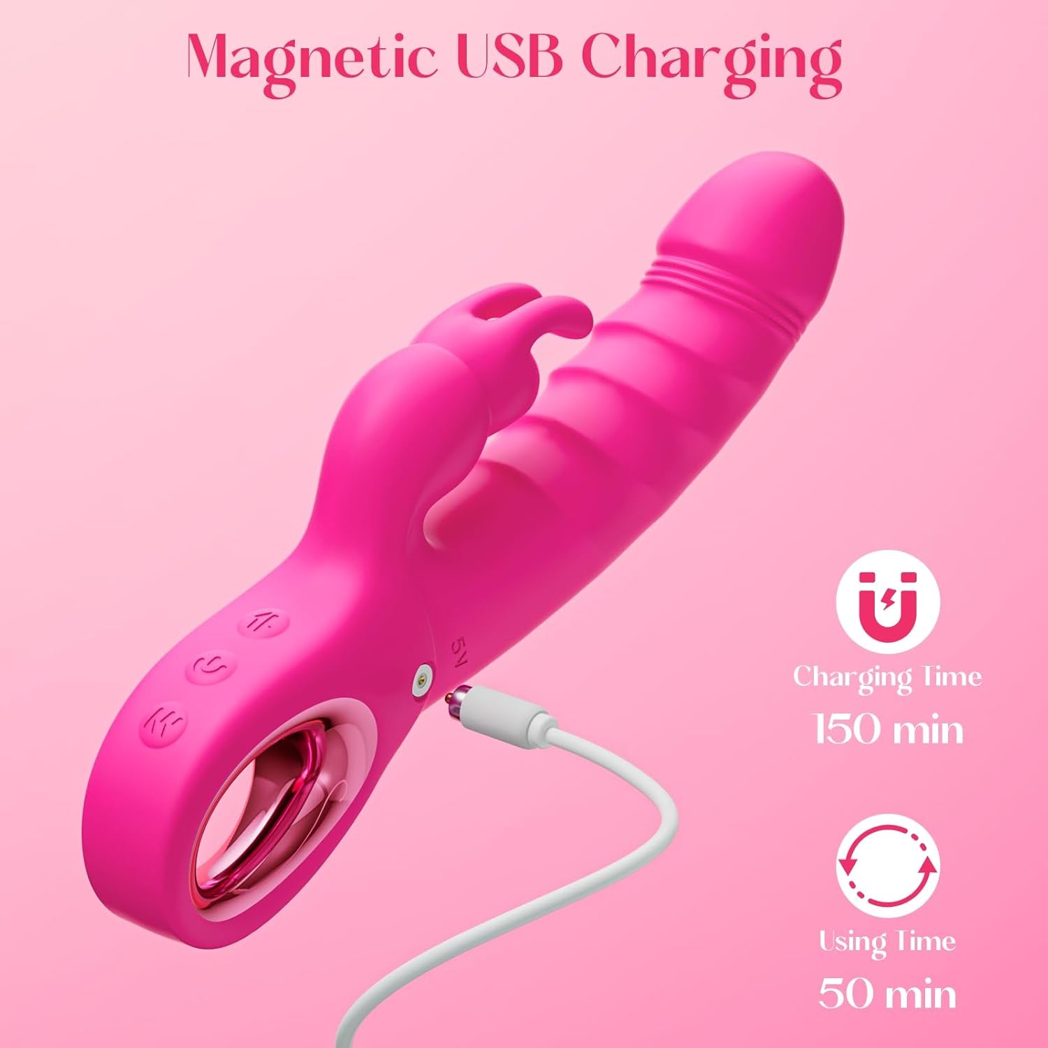 Thrusting Dildo Vibrator Sex Toys - 3 in 1 Female Sex Toys with 7 Thrusting & Rabbit & Vibration Modes - Independent Control Adult Toys with Multiple Stimulation, Rabbit Vibrators for Women (Rose) - SinfulX - 