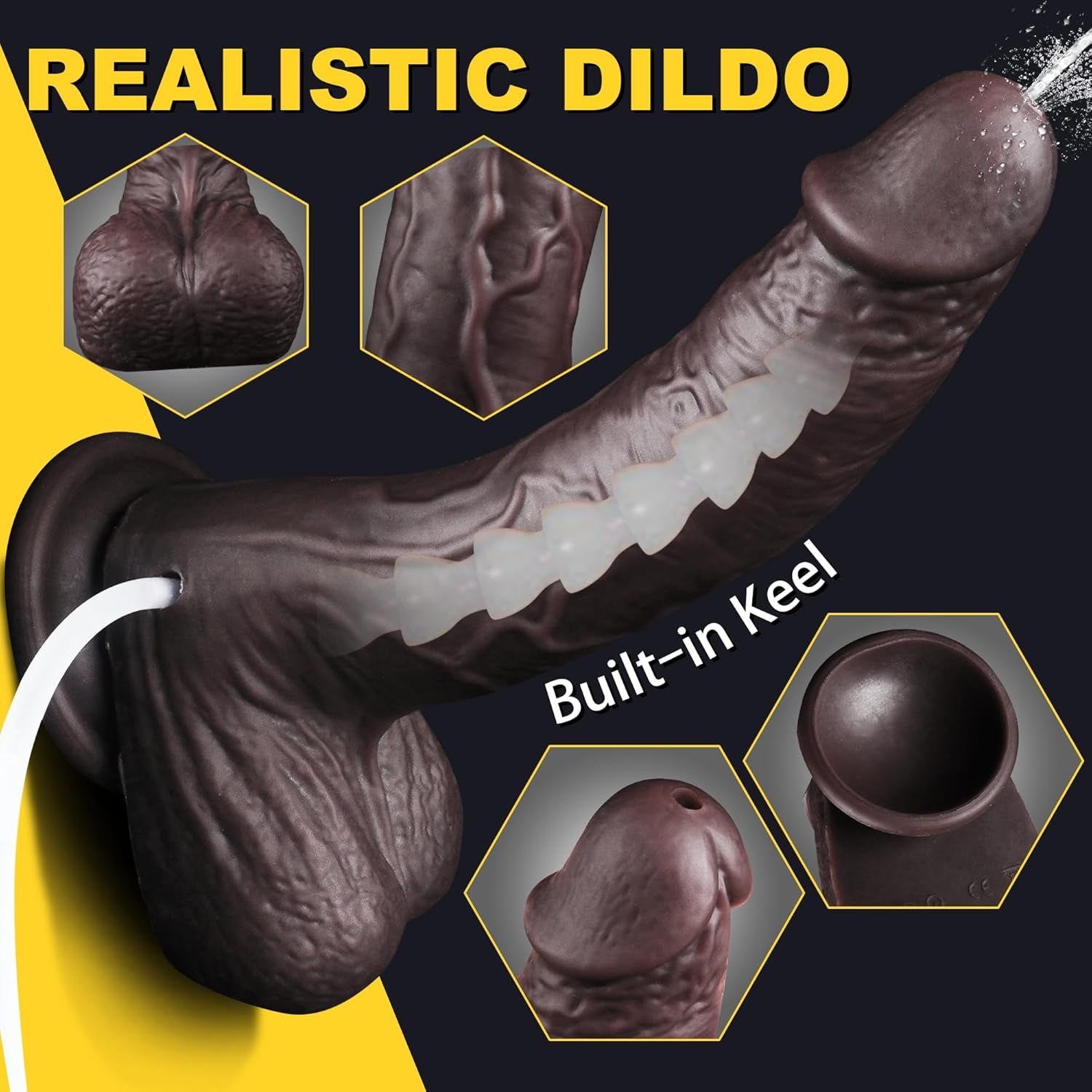 8.46" Black Squirting Dildo Realistic Ejaculating Toy, Silicone Real Skin Ejaculating Dildo with 7 Vib Modes, Curved Electric Penis for G - Spot Anal Play, Vibromassage Devices for Women Men - SinfulX - 