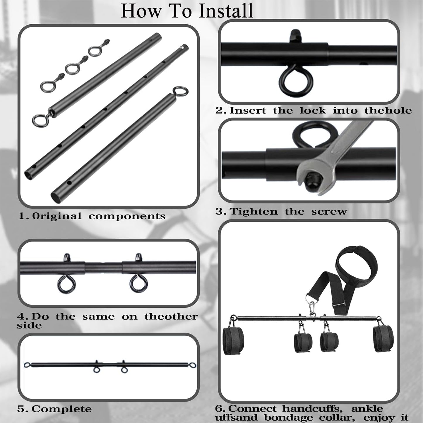 BDSM Bondage Restraints, Versatile Neck to Wrist BDSM Kit with Spreader Bar, Adjustable Handcuffs and Ankle Cuffs, Sex Toys for Couples, Adult Couples Sex Toys for SM Games (22 - 36 Inch) - SinfulX - 