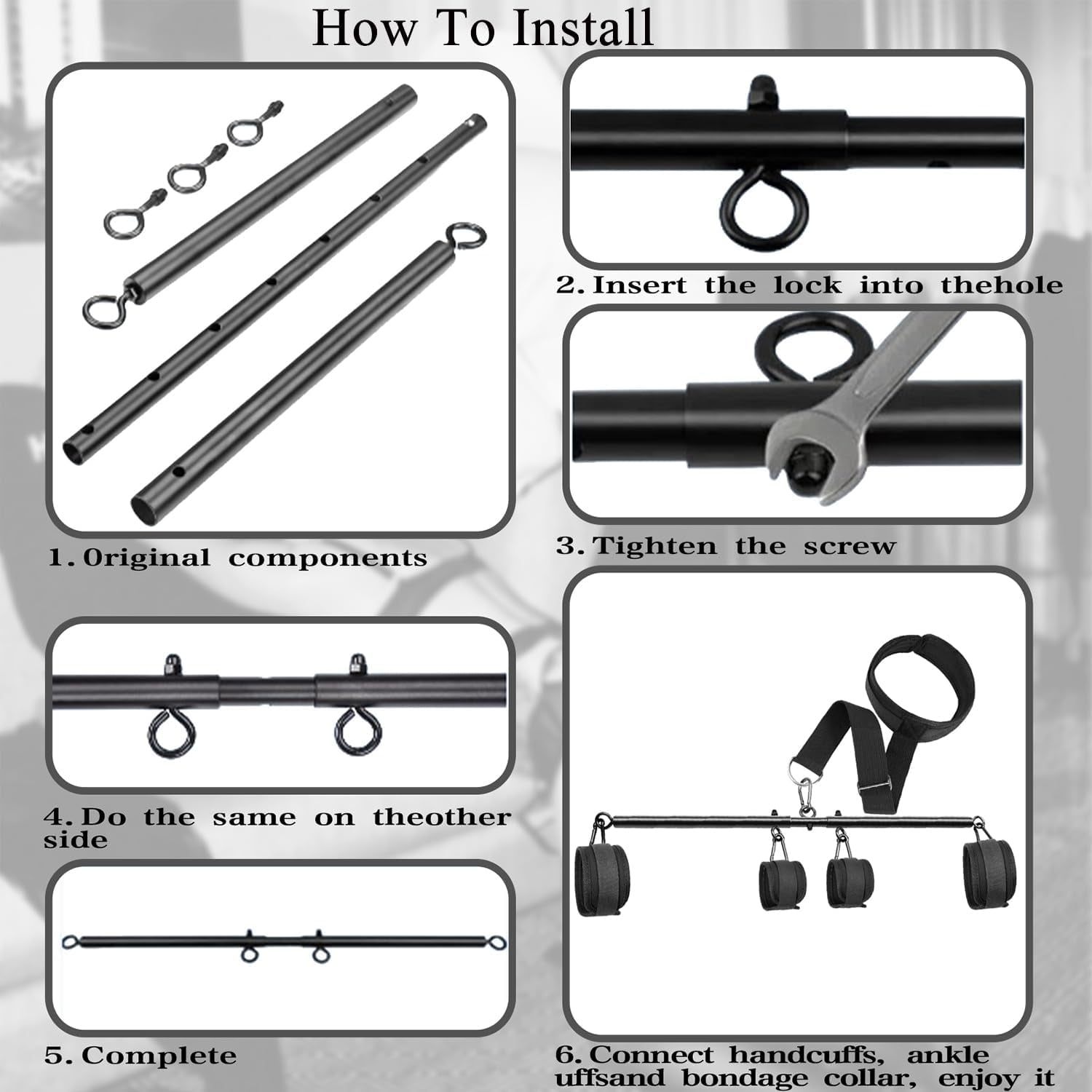 BDSM Bondage Restraints, Versatile Neck to Wrist BDSM Kit with Spreader Bar, Adjustable Handcuffs and Ankle Cuffs, Sex Toys for Couples, Adult Couples Sex Toys for SM Games (22 - 36 Inch) - SinfulX - 