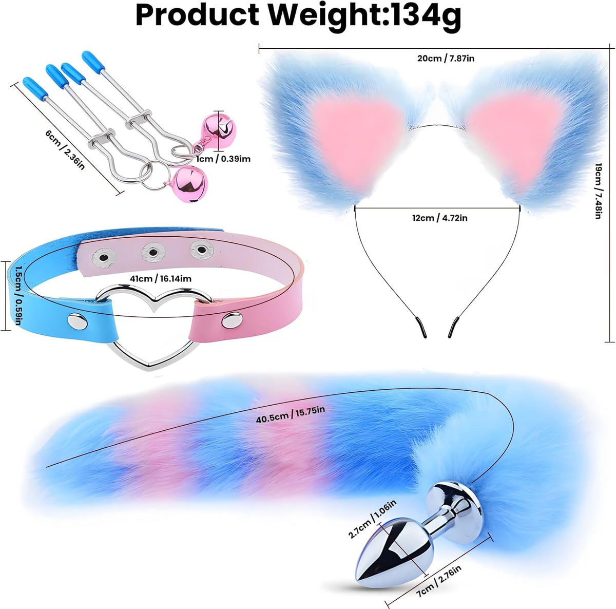BellFeral Fox Tail Anal Plug Set 4PC Ears Collar Clamps - SinfulX - 