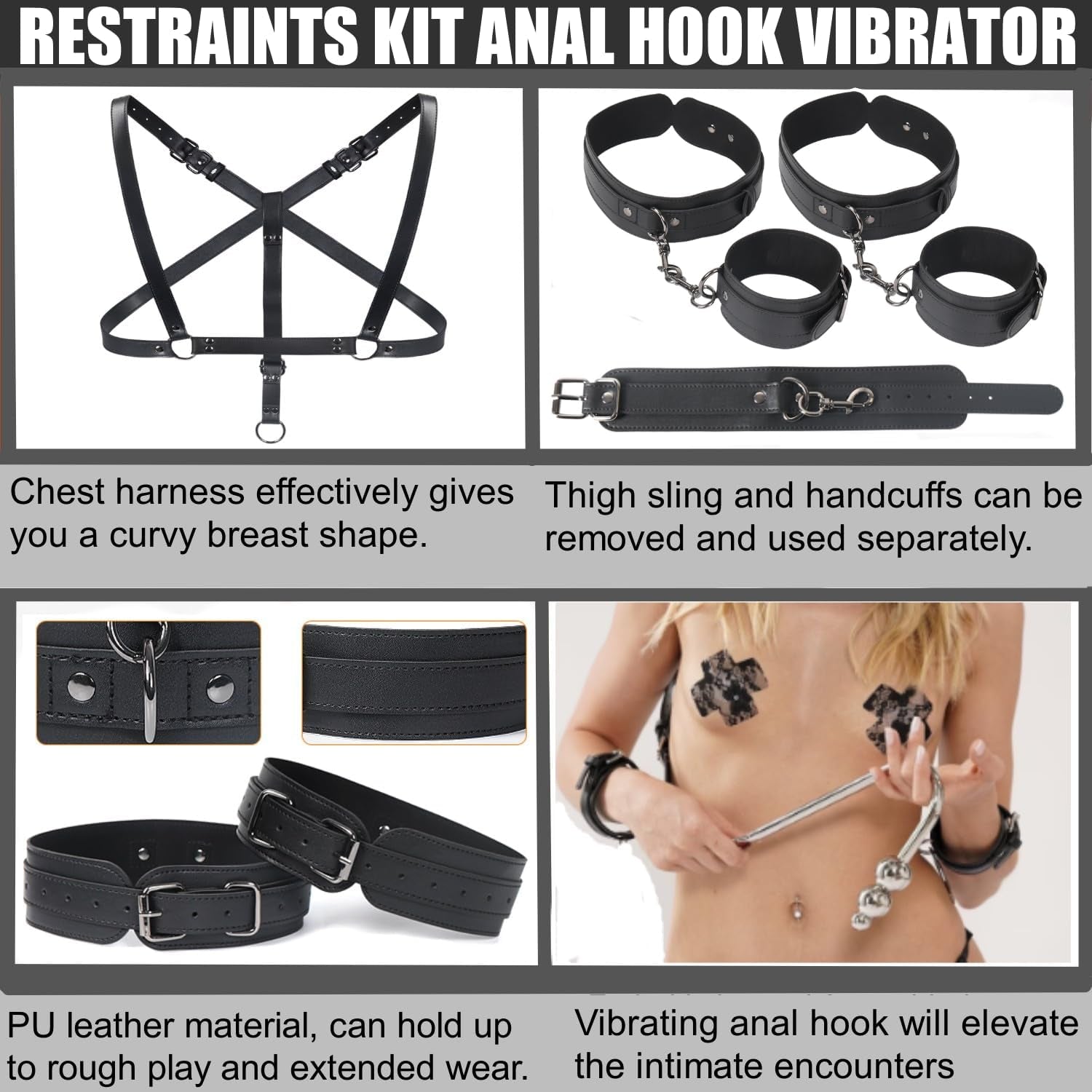 Vibrating Anal Hook BDSM Sex Bondage Restraints Kit, Thigh Sling Chest Harness behind Back Handcuffs, 3 Balls Anal Trainer with 9 Vibration Modes, SM Fetish Unisex Sex Toys for Couples - SinfulX - 