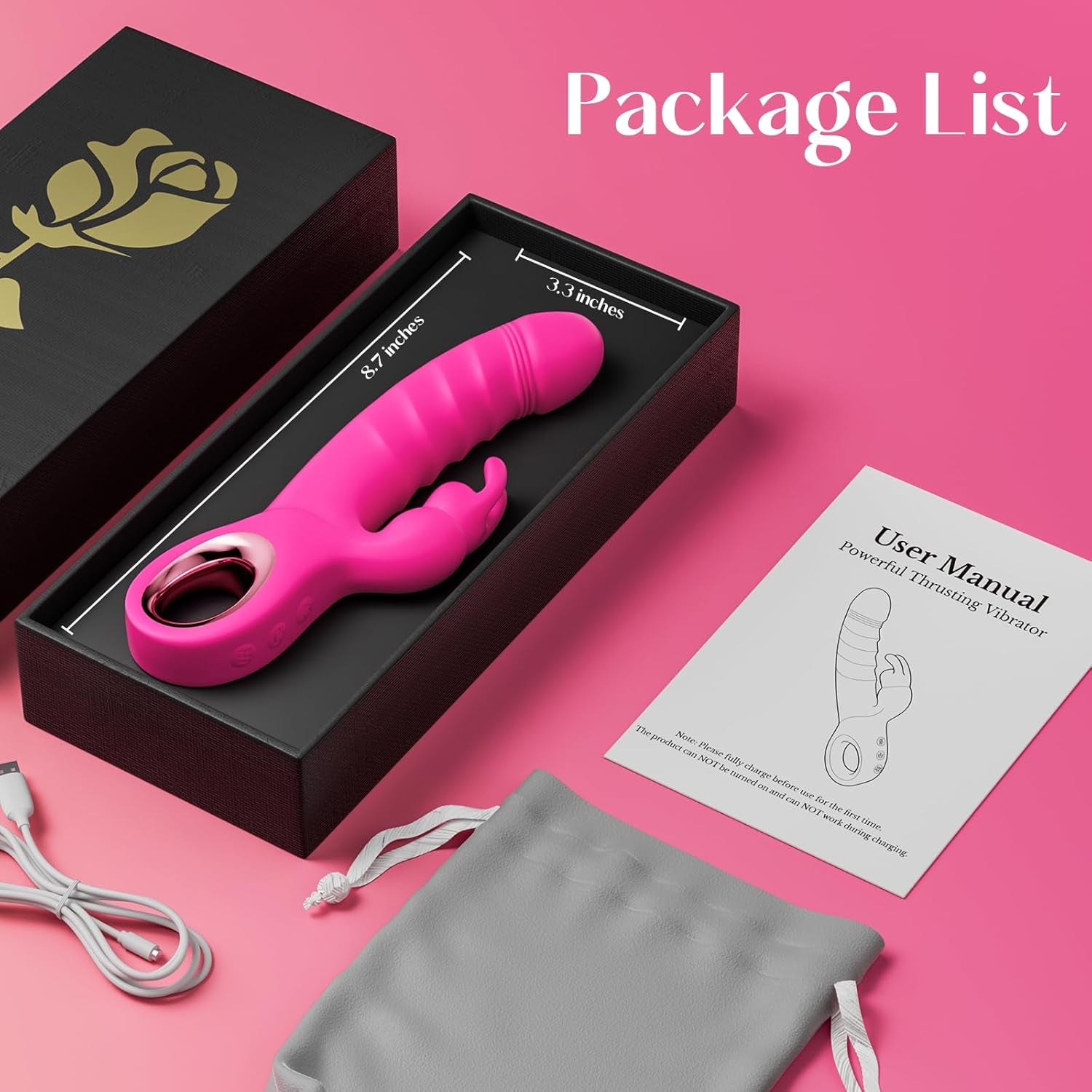 Thrusting Dildo Vibrator Sex Toys - 3 in 1 Female Sex Toys with 7 Thrusting & Rabbit & Vibration Modes - Independent Control Adult Toys with Multiple Stimulation, Rabbit Vibrators for Women (Rose) - SinfulX - 