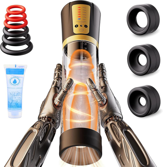 Male Penis Pump Sex Toys, Automatic Enlargers & Extend Pump for Men with 5 Training Modes, Adult Toys for Men Electric Penis Entender Erection Pumps, Sex Toys - Pumps & Enlargers (6 Cock Rings) - SinfulX - 