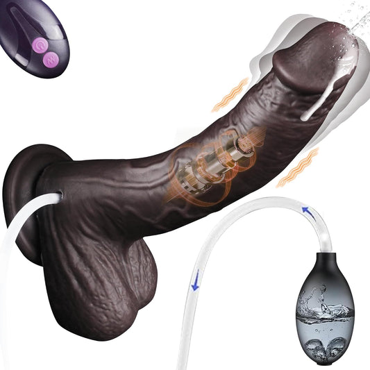8.46" Black Squirting Dildo Realistic Ejaculating Toy, Silicone Real Skin Ejaculating Dildo with 7 Vib Modes, Curved Electric Penis for G - Spot Anal Play, Vibromassage Devices for Women Men - SinfulX - 