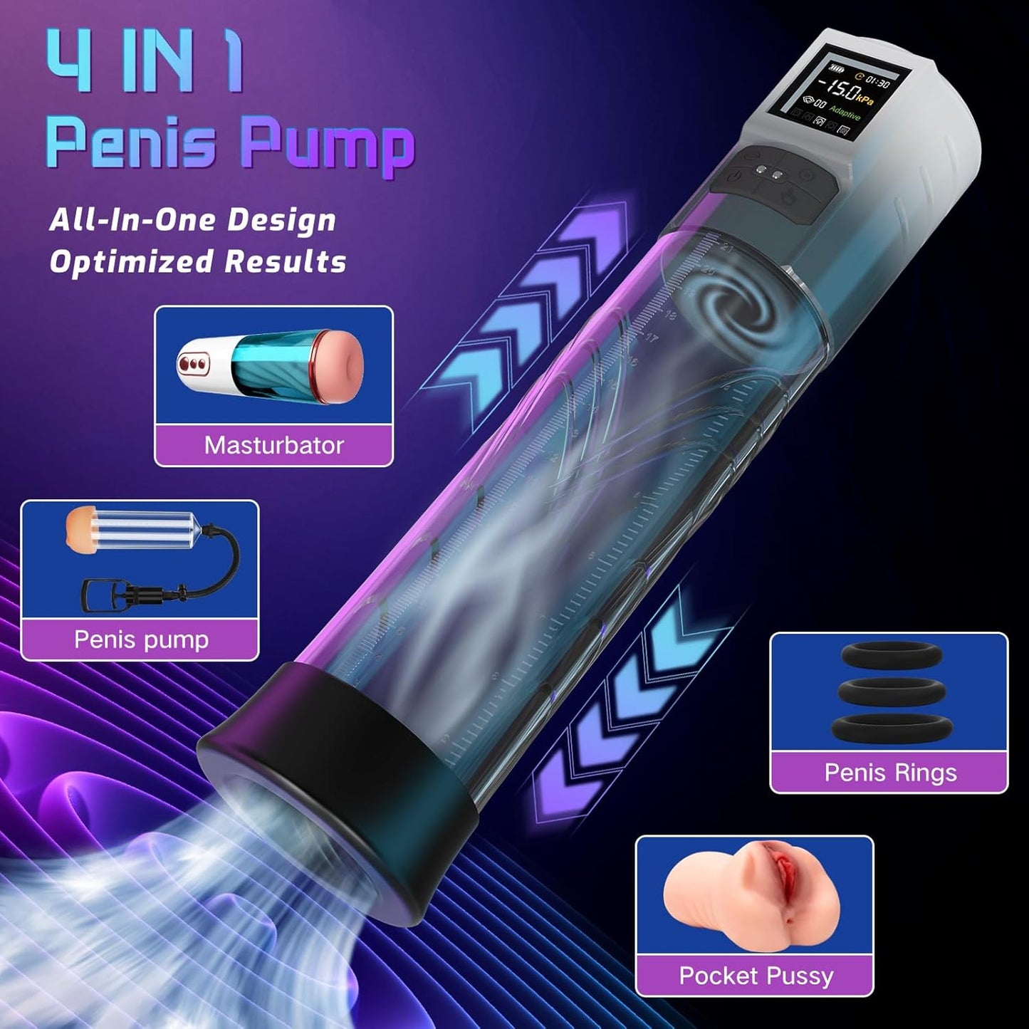 Penis Pump Sex Toys, Pussy Pump Sex Toys for Men Dick Pump with Adaptive Mode and 6 Sucking Modes, Sex Toys - Pumps & Enlargers Adult Toys for Penis Extender Penis Pumps with 6 Penis Rings - SinfulX - 